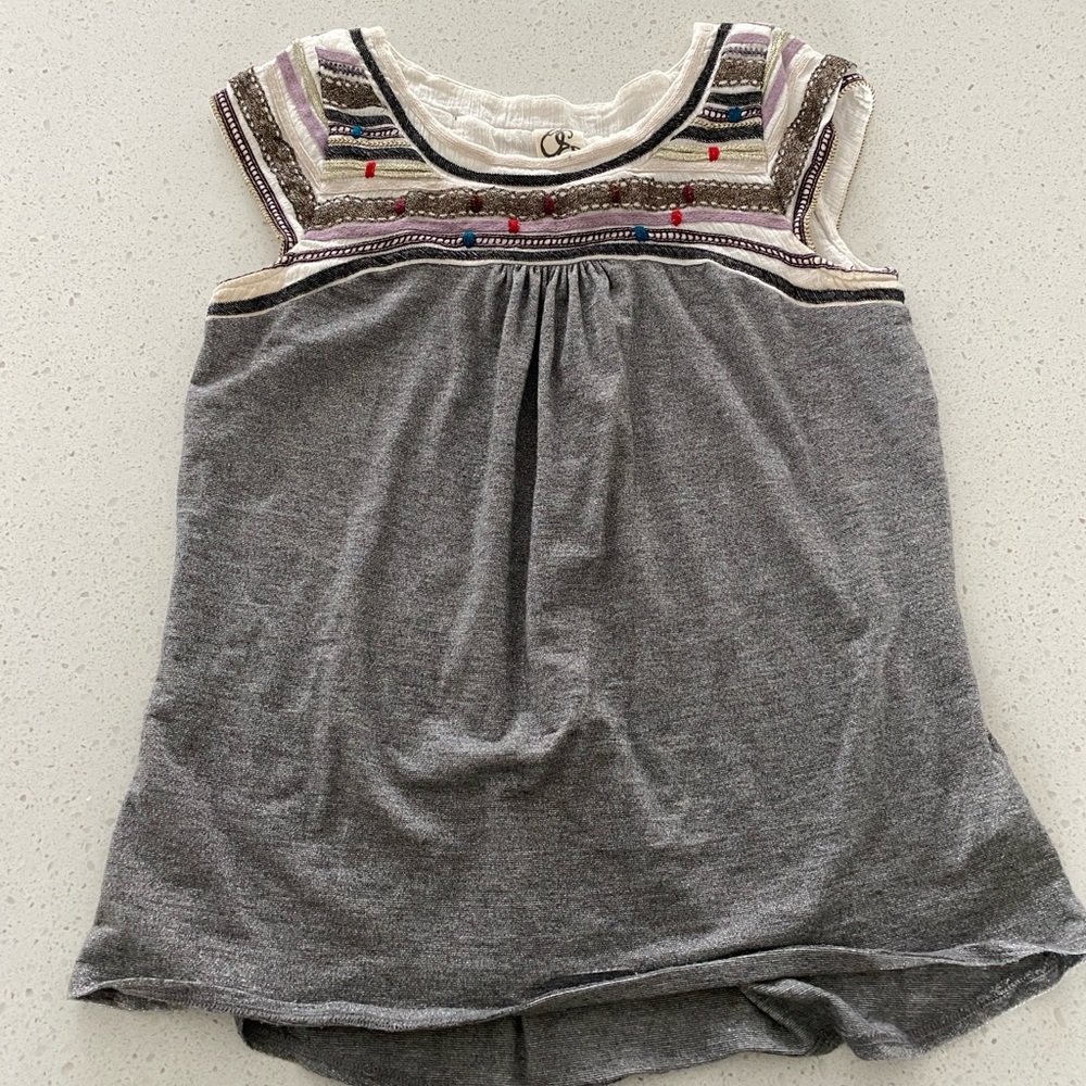 Anthropologie ONE SEPTEMBER Metallic  SILVER Embroidered Blouse top tee shirt M